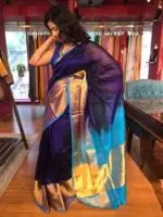 Navy Blue Mangalagiri Silk Saree with Handwoven Silk Border - Image 4