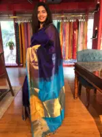 Navy Blue Mangalagiri Silk Saree with Handwoven Silk Border - Image 2