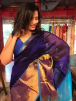 Navy Blue Mangalagiri Silk Saree with Handwoven Silk Border