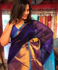 Navy Blue Mangalagiri Silk Saree with Handwoven Silk Border