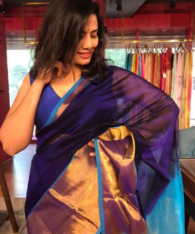 Navy Blue Mangalagiri Silk Saree with Handwoven Silk Border