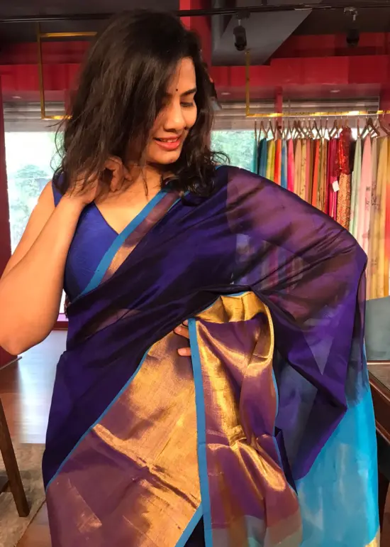 Navy Blue Mangalagiri Silk Saree with Handwoven Silk Border