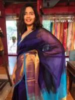 Navy Blue Mangalagiri Silk Saree with Handwoven Silk Border - Image 5