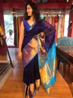Navy Blue Mangalagiri Silk Saree with Handwoven Silk Border - Image 3