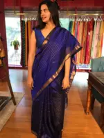 Royal Blue Mangalagiri Silk Saree in Gold Zari Chequered Pattern - Image 6