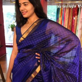 Royal Blue Mangalagiri Silk Saree in Gold Zari Chequered Pattern