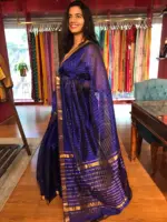 Royal Blue Mangalagiri Silk Saree in Gold Zari Chequered Pattern - Image 4