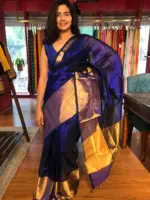 Royal Blue Mangalagiri Silk Saree with Handwoven Silk Border - Image 3