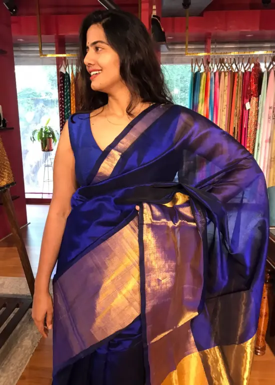 Royal Blue Mangalagiri Silk Saree with Handwoven Silk Border
