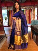 Royal Blue Mangalagiri Silk Saree with Handwoven Silk Border - Image 4