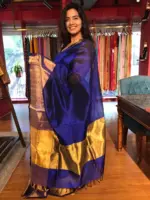 Royal Blue Mangalagiri Silk Saree with Handwoven Silk Border - Image 2