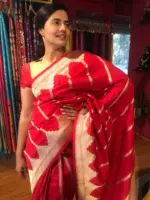 Scarlet Red Banarasi Silk Saree highlighted with Gold Zari Weaves