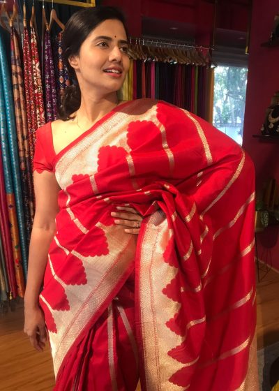 Scarlet Red Banarasi Silk Saree highlighted with Gold Zari Weaves