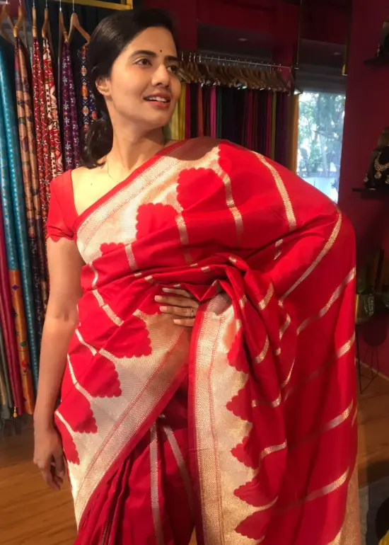 Scarlet Red Banarasi Silk Saree highlighted with Gold Zari Weaves