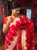 Scarlet Red Banarasi Silk Saree highlighted with Gold Zari Weaves - Image 4