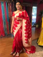 Scarlet Red Banarasi Silk Saree highlighted with Gold Zari Weaves - Image 2