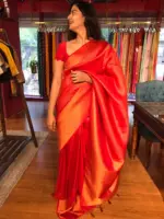 Red Banarasi Silk Saree highlighted with Gold Zari Weaves - Image 4
