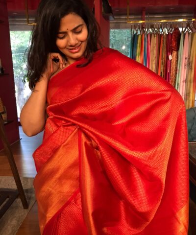 Red Banarasi Silk Saree highlighted with Gold Zari Weaves
