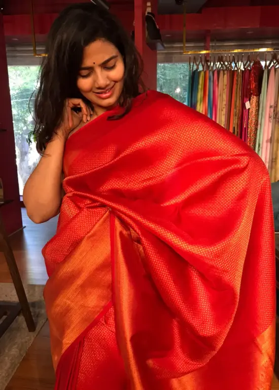 Red Banarasi Silk Saree highlighted with Gold Zari Weaves
