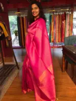 Hot Pink Banarasi Silk Saree highlighted with Gold Zari Weaves - Image 2