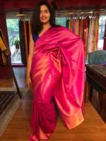 Hot Pink Banarasi Silk Saree highlighted with Gold Zari Weaves - Image 3