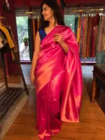 Hot Pink Banarasi Silk Saree highlighted with Gold Zari Weaves - Image 4