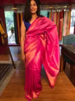 Hot Pink Banarasi Silk Saree highlighted with Gold Zari Weaves - Image 5