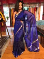 Royal Blue Mangalagiri Silk Saree in Silver Zari Chequered Pattern - Image 3