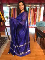 Royal Blue Mangalagiri Silk Saree in Silver Zari Chequered Pattern - Image 2