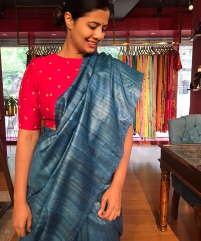Blue Handwoven Tussar Silk Saree