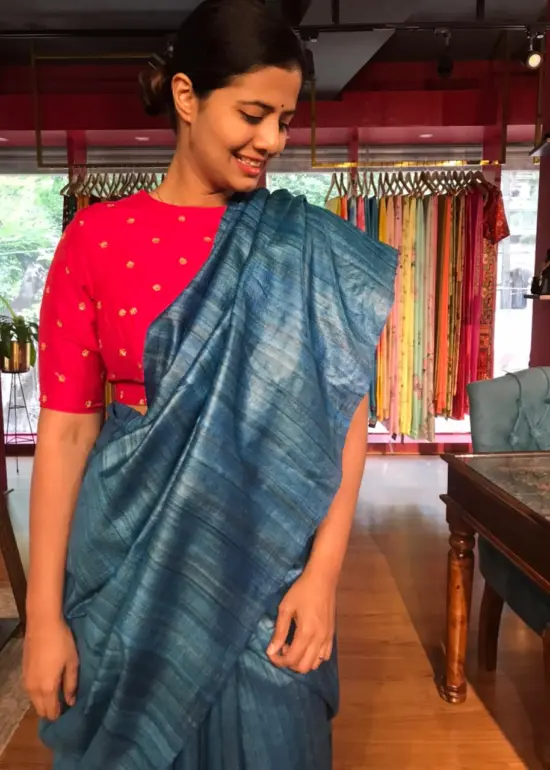 Blue Handwoven Tussar Silk Saree