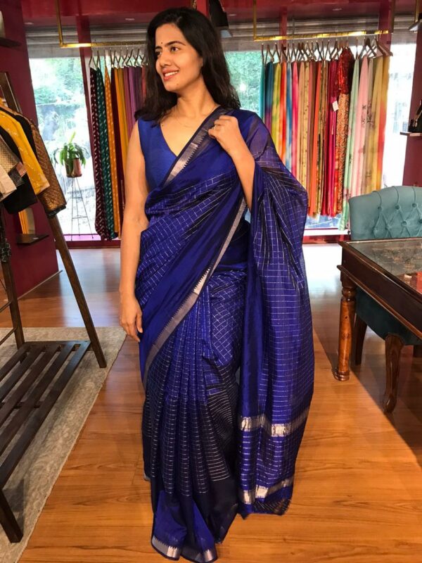 Royal Blue Mangalagiri Silk Saree in Silver Zari Chequered Pattern ...