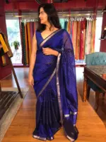 Royal Blue Mangalagiri Silk Saree in Silver Zari Chequered Pattern - Image 4