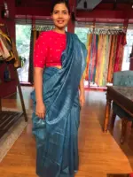 Blue Handwoven Tussar Silk Saree - Image 4