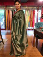 Bottle Green Banarasi Silk Saree highlighted with Antique Gold Zari  Weaves - Image 3