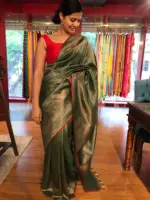 Bottle Green Banarasi Silk Saree highlighted with Antique Gold Zari  Weaves - Image 5
