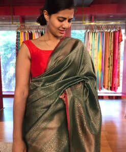 Bottle Green Banarasi Silk Saree highlighted with Antique Gold Zari  Weaves