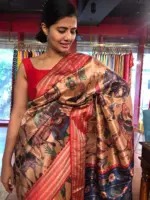 Beige Banarasi Silk Saree highlighted with Kalamkari Prints