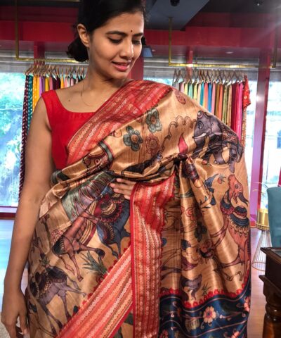 Beige Banarasi Silk Saree highlighted with Kalamkari Prints