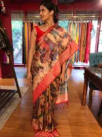 Beige Banarasi Silk Saree highlighted with Kalamkari Prints - Image 3