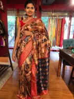 Beige Banarasi Silk Saree highlighted with Kalamkari Prints - Image 5
