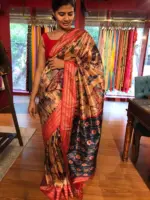 Beige Banarasi Silk Saree highlighted with Kalamkari Prints - Image 2