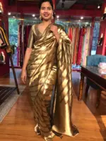 Molten Gold Tissue Silk Saree woven in Leheriya Pattern - Image 6