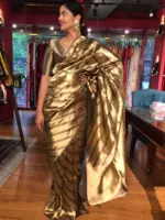 Molten Gold Tissue Silk Saree woven in Leheriya Pattern - Image 2