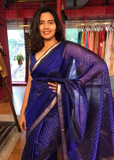Royal Blue Mangalagiri Silk Saree in Silver Zari Chequered Pattern