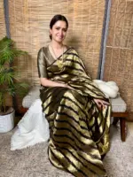 Molten Gold Tissue Organza Silk Saree woven in Leheriya Pattern - Image 3
