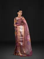 Lilac Printed Organza Silk Saree highlighted with Kanchi Zari Border - Image 2