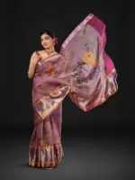 Lilac Printed Organza Silk Saree highlighted with Kanchi Zari Border - Image 3