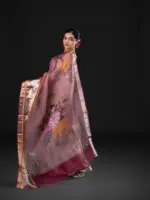 Lilac Printed Organza Silk Saree highlighted with Kanchi Zari Border - Image 4