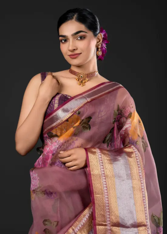 Lilac Printed Organza Silk Saree highlighted with Kanchi Zari Border